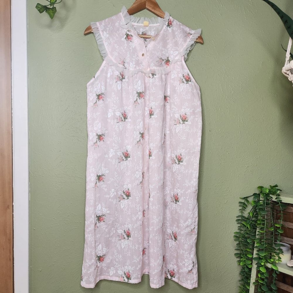 Vintage 60s Pink Floral Nightgown | Size Medium | Sheer Ruffle Sleeveless Shift